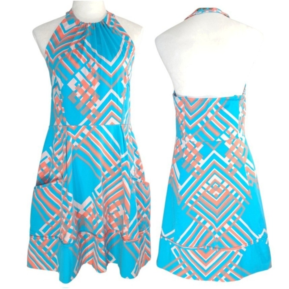 Jessica Simpson Dress Size 14 Blue Geometric Halter Pockets Stretch Cotton Lined